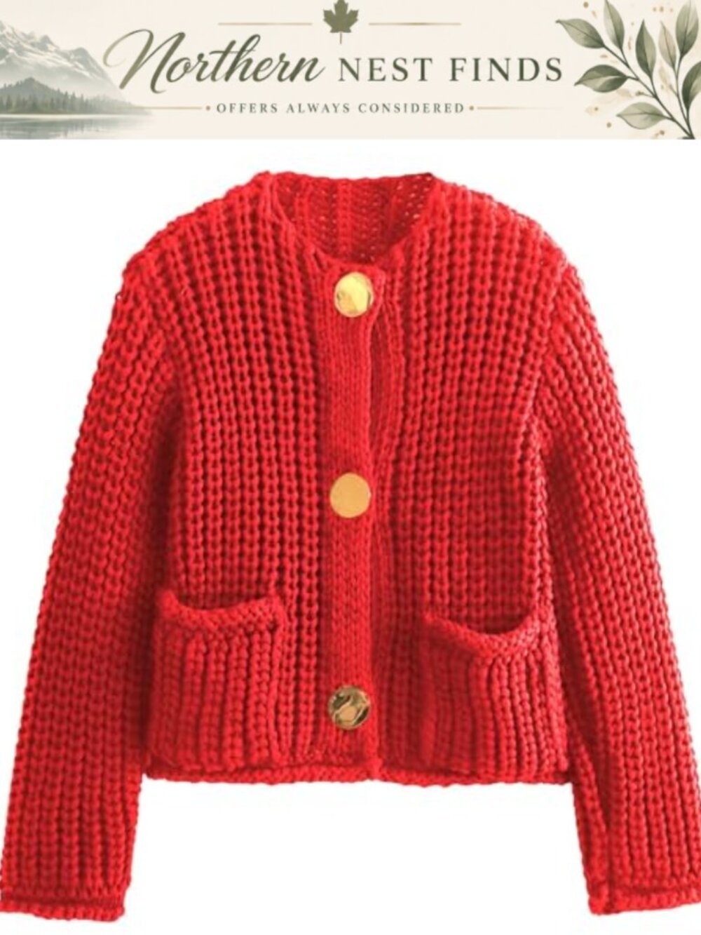Womens Cropped Cable Knit Cardigan Button Down Crewneck Long Sleeve Sweater
